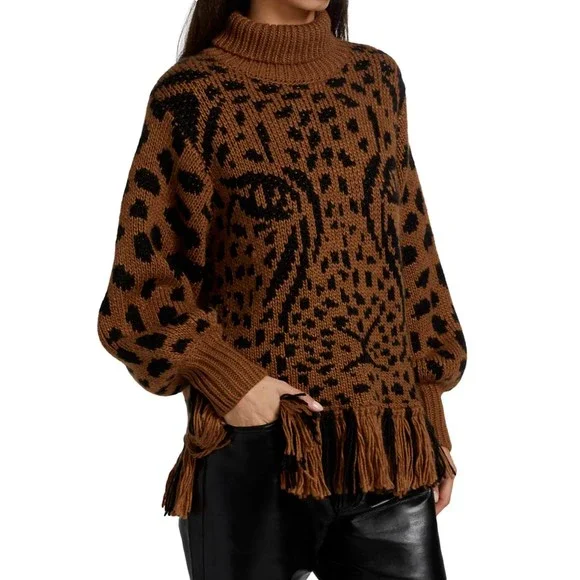 Farm Rio Leopard Fringe Sweater S Turtleneck Pullover Brown Black Knit Wool New - Picture 3 of 11